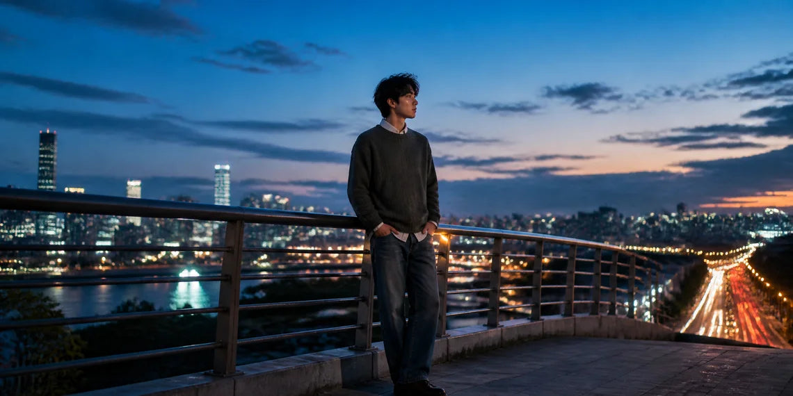 A man in trendy denim jeans walking during sunset for urban fashion look.