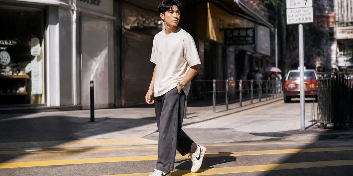 A stylish man walking in the street wearing casual men's summer outfits.