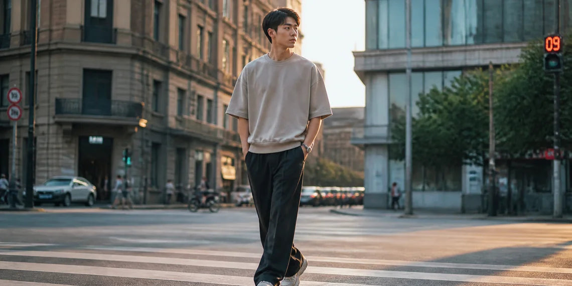 Young Asian man walking on a street wearing a stylish oversize outfit.
