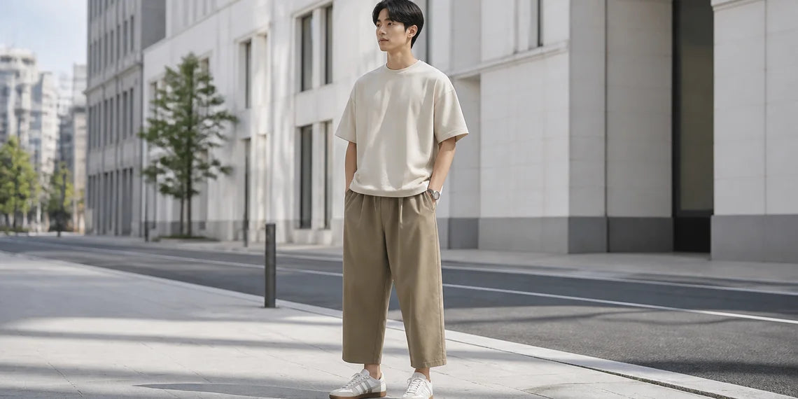 A stylish young man demonstrating a clean wide leg pants styling look outdoors.