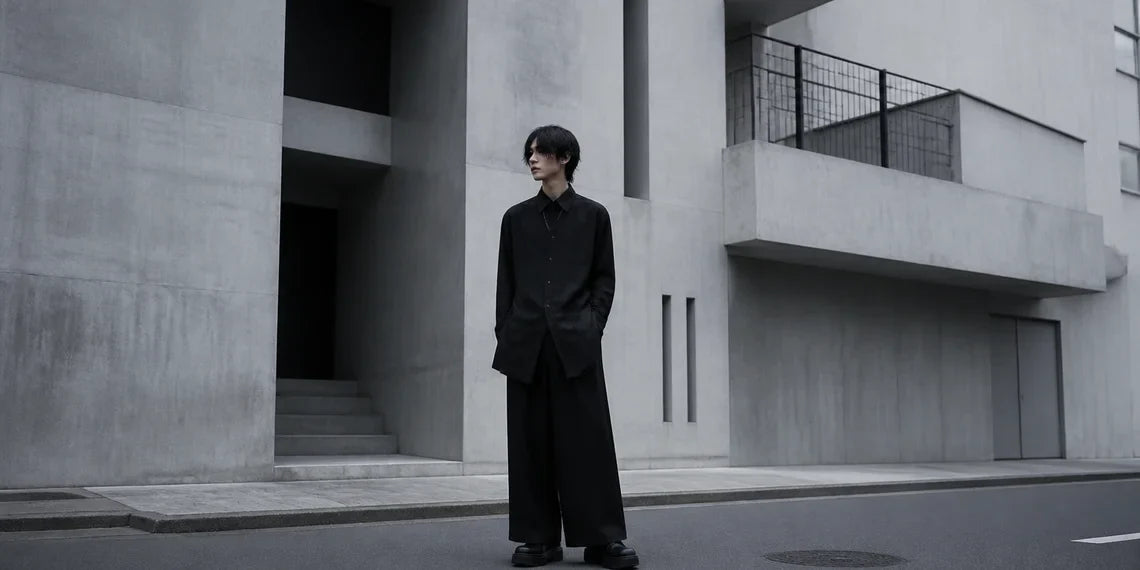 A stylish man demonstrating the perfect Japanese darkwear style for modern men.