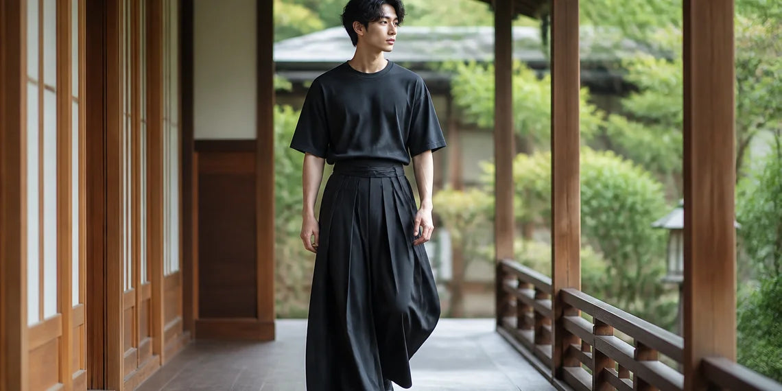 Man wearing traditional Hakama style pants for a modern wide leg pants outfit.