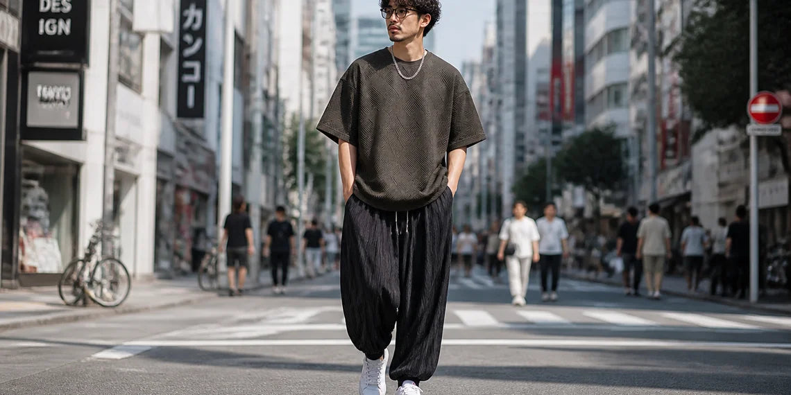 穿著皺褶肌理襯衫的街頭日系穿搭風格