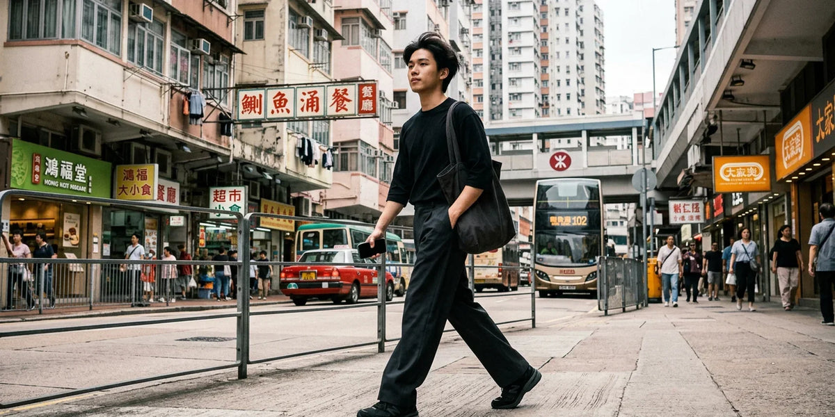 都市型男穿著黑色寬褲穿搭行走在香港街頭，展現俐落又清爽的夏日造型。