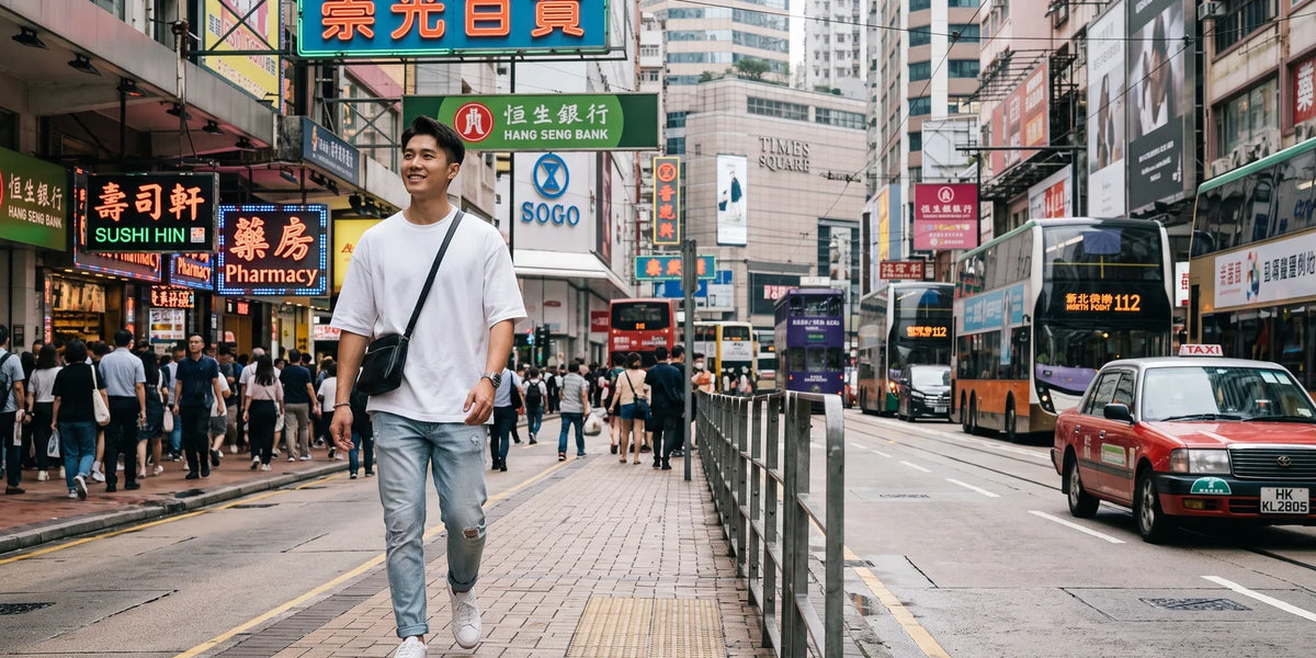 一位年輕男子在香港街頭穿著透氣舒適的薄牛仔褲，展現夏日清爽穿搭風格。