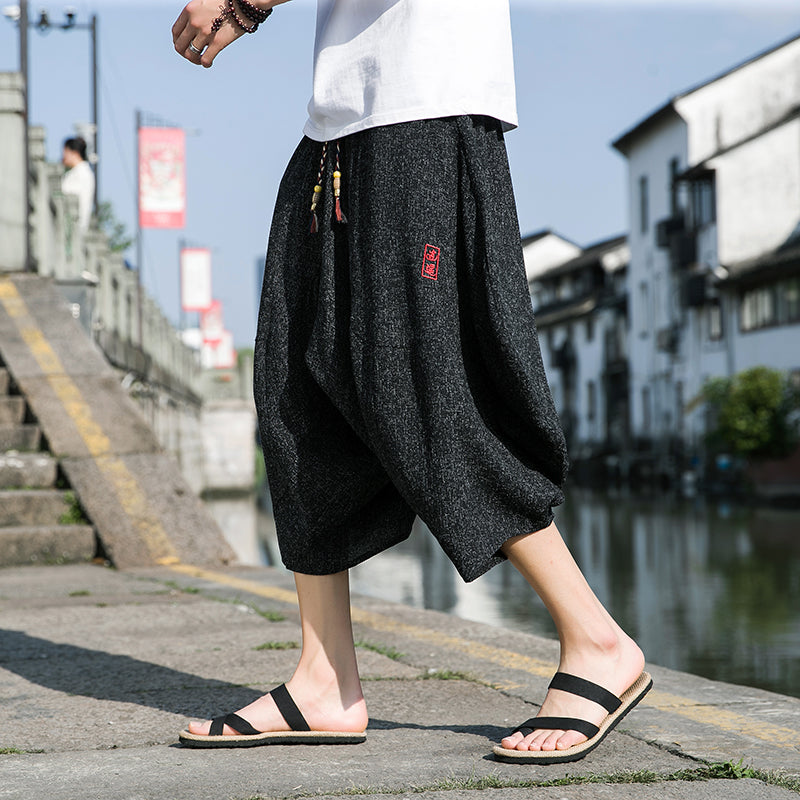 #A005-DK68# 潮品棉麻七分褲