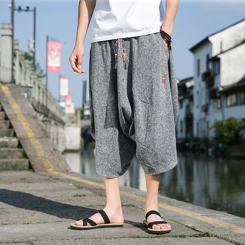 #A005-DK68# 潮品棉麻七分褲
