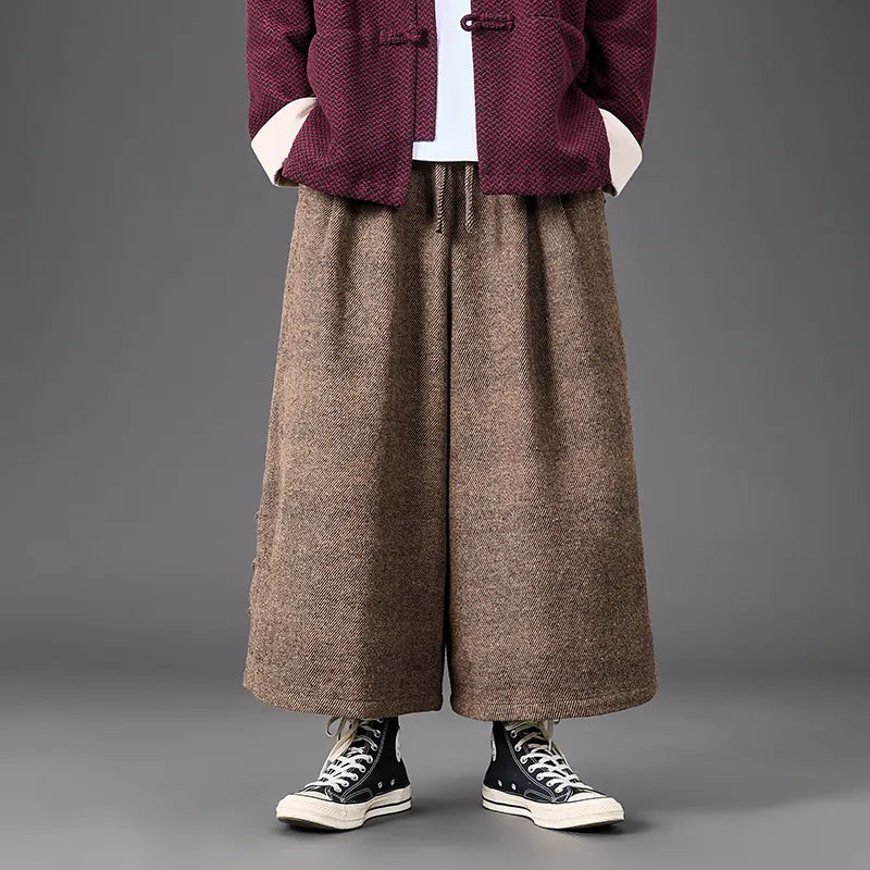 #M-K207#毛呢做舊布扣寬鬆闊腿褲