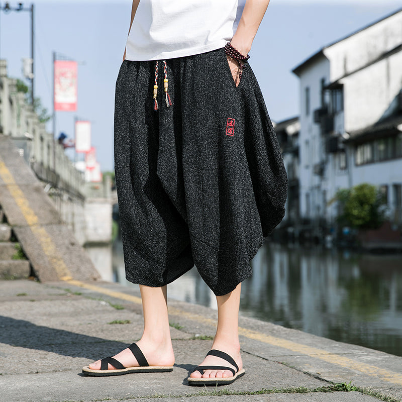 #A005-DK68# 潮品棉麻七分褲