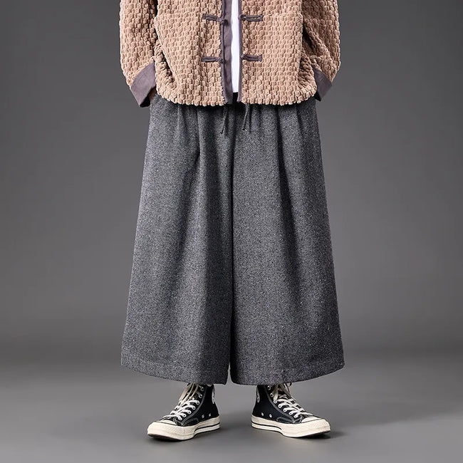 #M-K207# Woolen Distressed Fabric Button Loose Wide-Leg Pants Hover Image